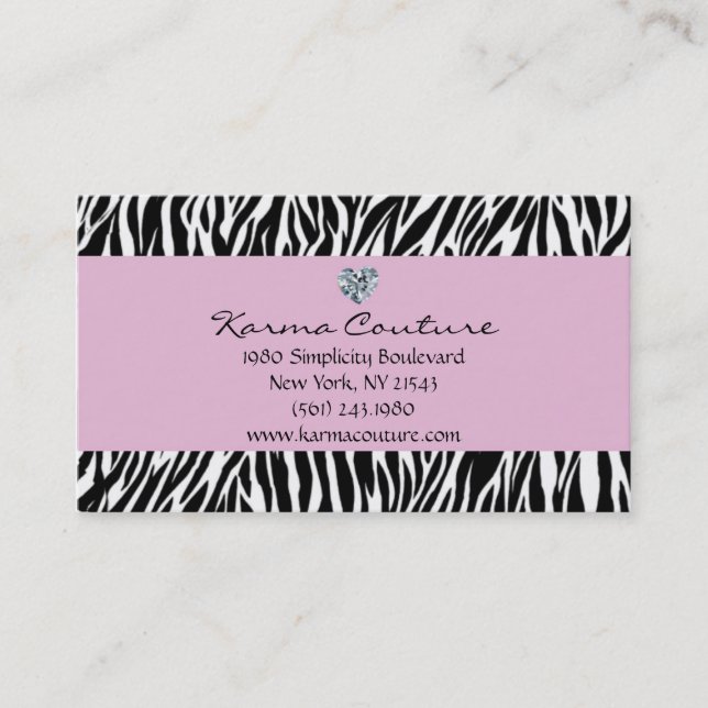 zebra print purple w/ heart shaped diamond business card (Front)