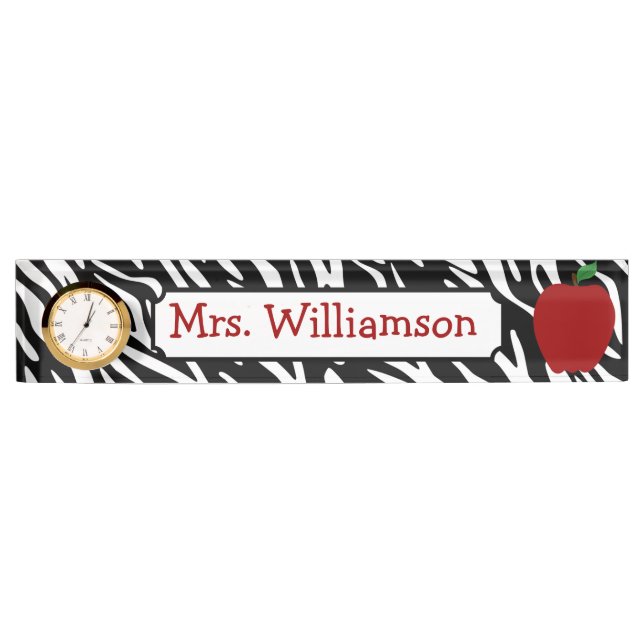 Zebra Print Red Apple Teacher Nameplate (Front)