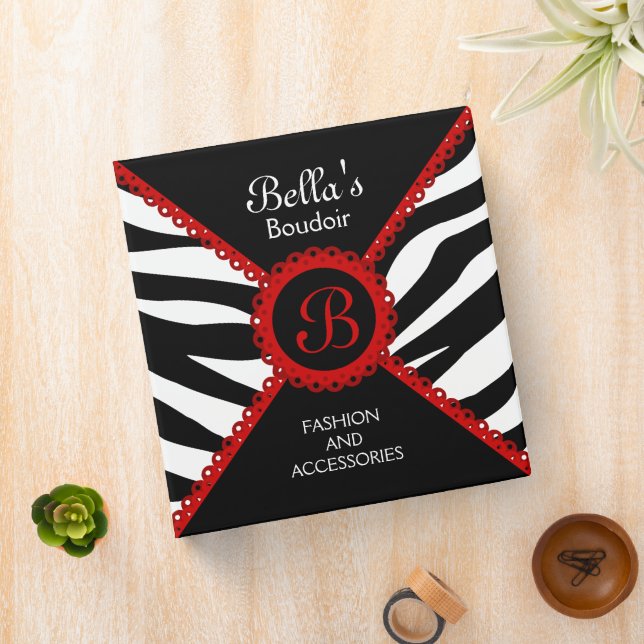 Zebra Print Red Lace Monogram 1.5 Inch Binder (In Situ)