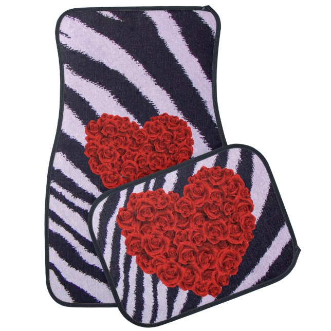 Zebra Print Red Rose Heart Car Floor Mat (Set)