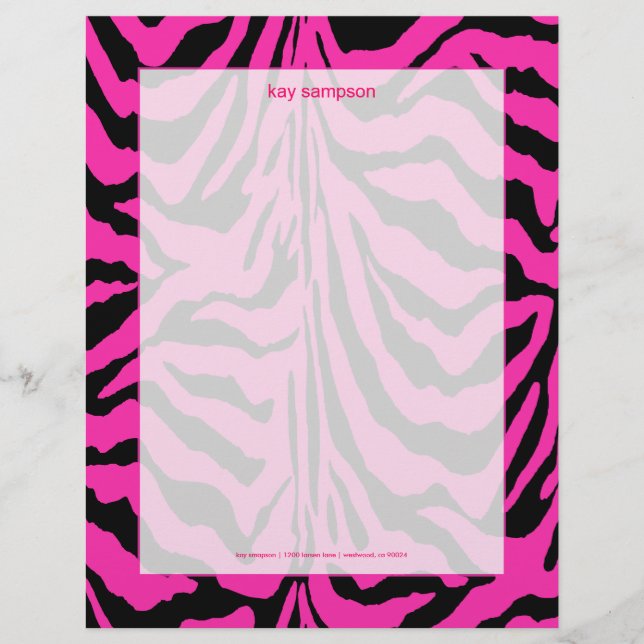 Zebra print, retro colors fuschia + black letterhead (Front)