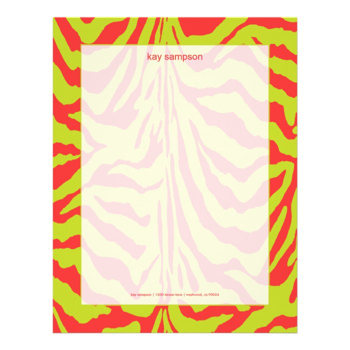 Zebra print, retro colors lime green + raspberry customized letterhead