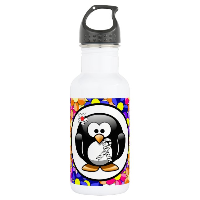 Zebra Print Ribbon Penguin Water Bottle (Front)