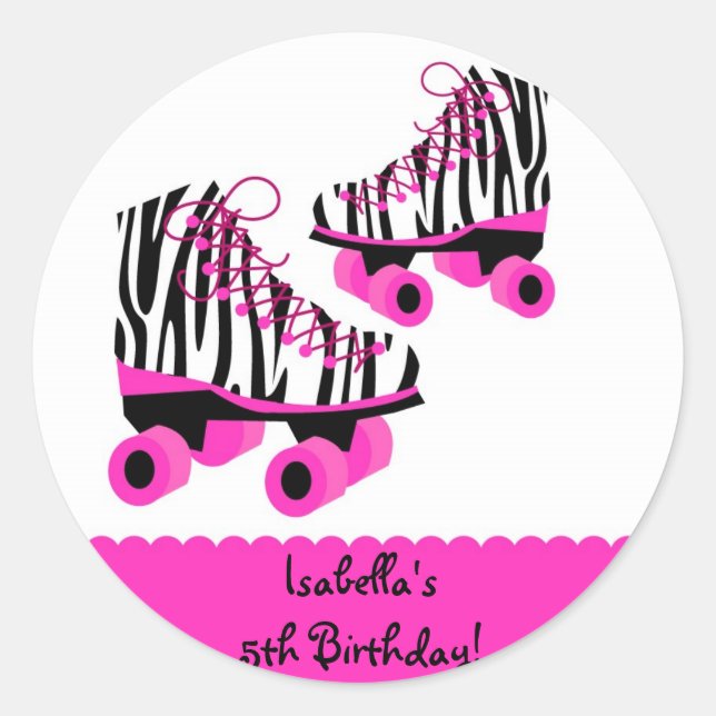 Zebra Print Roller Skates Birthday Favor Stickers (Front)