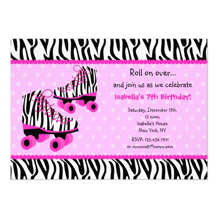 Zebra Print Roller Skates Birthday Invitations