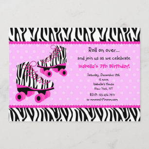 Zebra Print Roller Skates Birthday Invitations