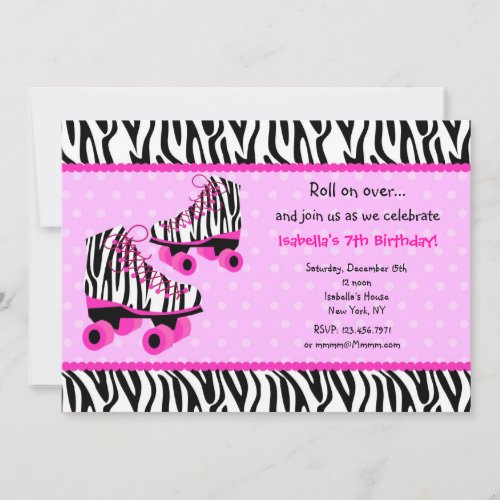 Zebra Print Roller Skates Birthday Invitations