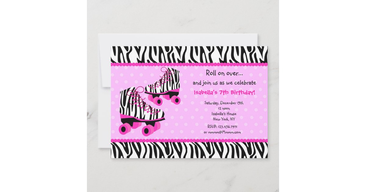 Zebra Print Roller Skates Birthday Invitations | Zazzle