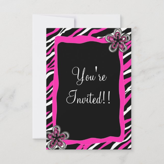 Zebra Print RSVP Card - Hot Pink w/ Flowers (Front)