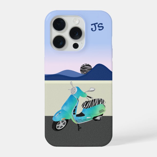 Zebra Print Scooter Moon Illustration Monogram  iPhone Case (Back)