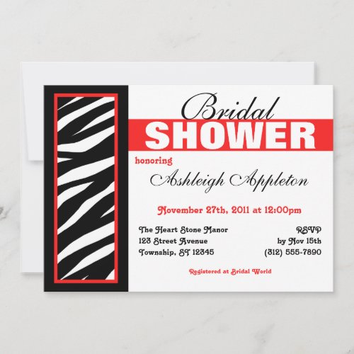 Zebra Print Side Red Bridal Shower Invitations