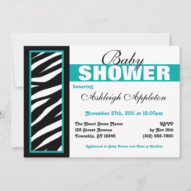 Zebra Print Side Teal Baby Shower Invitations (Front)