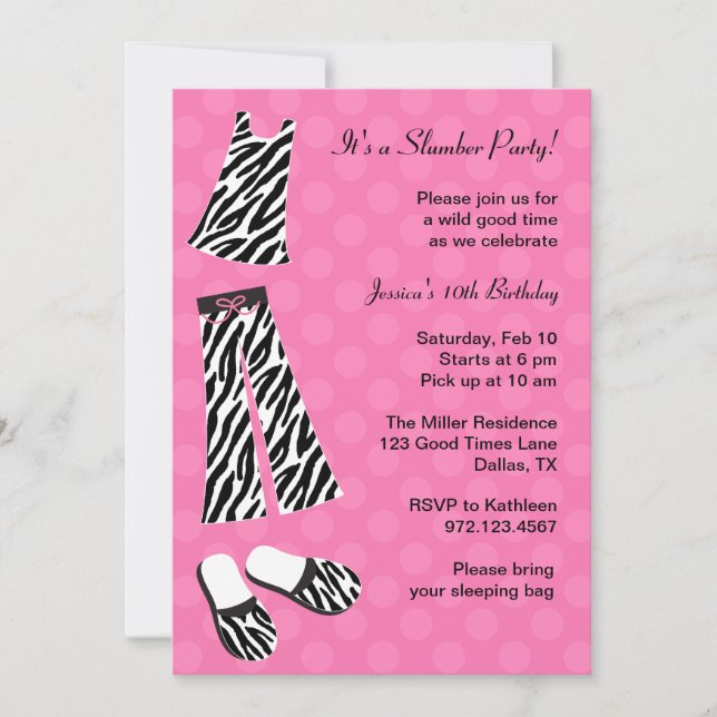 Zebra Print Slumber Party Invitations (Front)