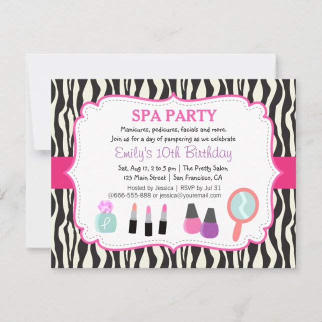 Zebra Print Spa Birthday Party Invitation (Front)