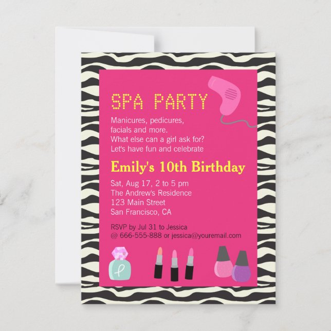 Zebra Print, Spa Party, For Girls Invitation (Front)