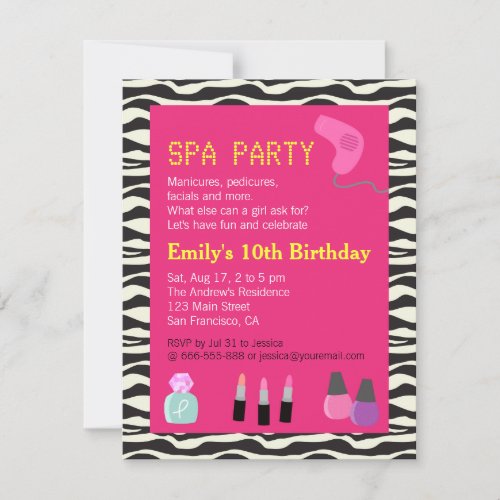 Zebra Print, Spa Party, For Girls Custom Announcement
