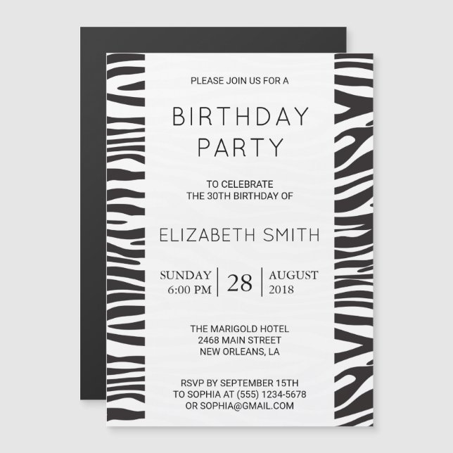 Zebra Print, Stripes, Black And White, Birthday Magnetic Invitation (Front/Back)