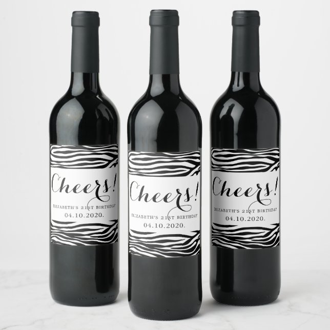 Zebra Print, Stripes, Black And White, Birthday Wine Label (Bottles)