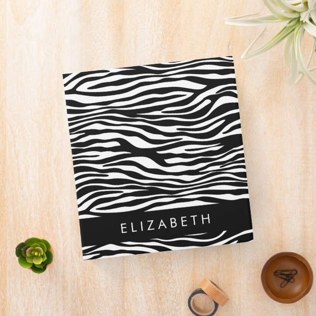 Zebra Print, Stripes, Black And White, Your Name 3 Ring Binder (In Situ)