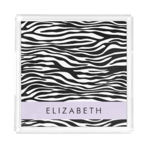 Zebra Print, Stripes, Black And White, Your Name Acrylic Tray