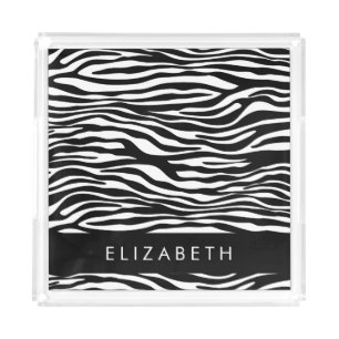 Zebra Print, Stripes, Black And White, Your Name Acrylic Tray