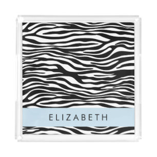 Zebra Print, Stripes, Black And White, Your Name Acrylic Tray
