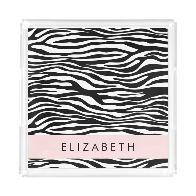 Zebra Print, Stripes, Black And White, Your Name Acrylic Tray (Front)