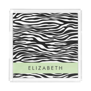 Zebra Print, Stripes, Black And White, Your Name Acrylic Tray