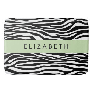 Zebra Print, Stripes, Black And White, Your Name Bath Mat