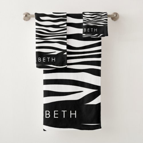 Zebra Print Stripes Black And White Your Name Bath Towel Set