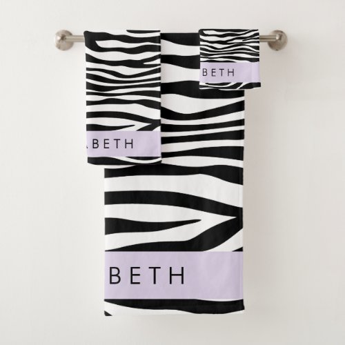 Zebra Print Stripes Black And White Your Name Bath Towel Set
