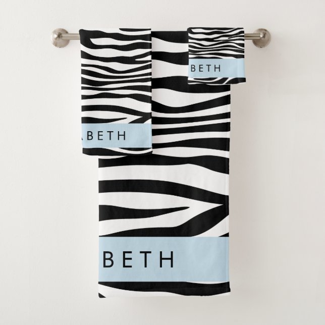 Zebra Print, Stripes, Black And White, Your Name Bath Towel Set (Insitu)