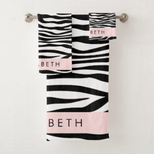 Zebra Print, Stripes, Black And White, Your Name Bath Towel Set