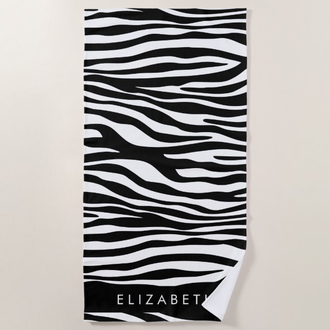 Zebra Print, Stripes, Black And White, Your Name Beach Towel (Front)