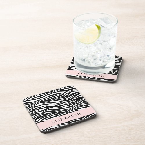 Zebra Print Stripes Black And White Your Name Beverage Coaster
