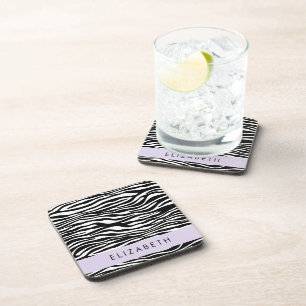 Zebra Print, Stripes, Black And White, Your Name Beverage Coaster