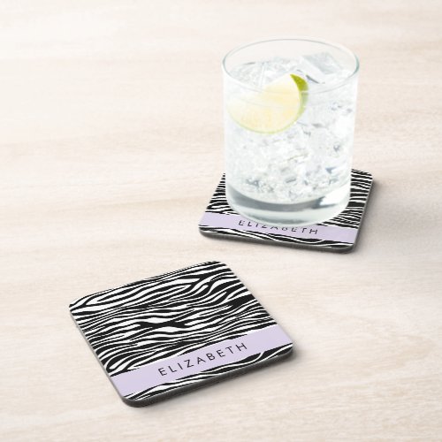 Zebra Print Stripes Black And White Your Name Beverage Coaster