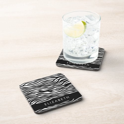 Zebra Print Stripes Black And White Your Name Beverage Coaster