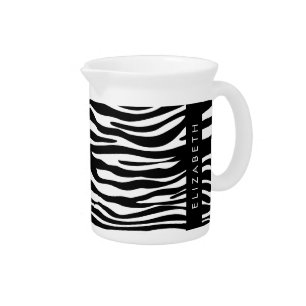 Zebra Print, Stripes, Black And White, Your Name Beverage Pitcher