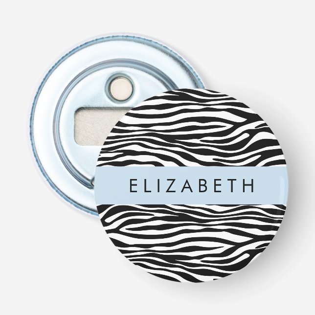Zebra Print, Stripes, Black And White, Your Name Bottle Opener (Front)