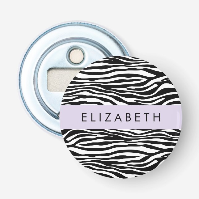Zebra Print, Stripes, Black And White, Your Name Bottle Opener (Front)