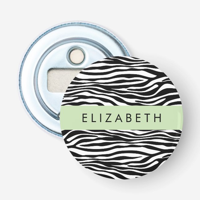 Zebra Print, Stripes, Black And White, Your Name Bottle Opener (Front)