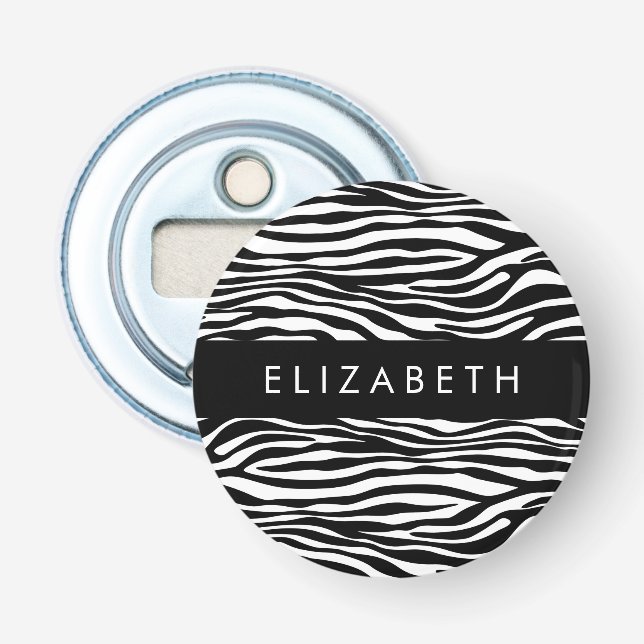 Zebra Print, Stripes, Black And White, Your Name Bottle Opener (Front)