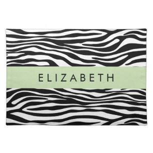 Zebra Print, Stripes, Black And White, Your Name Cloth Placemat