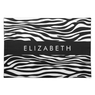 Zebra Print, Stripes, Black And White, Your Name Cloth Placemat