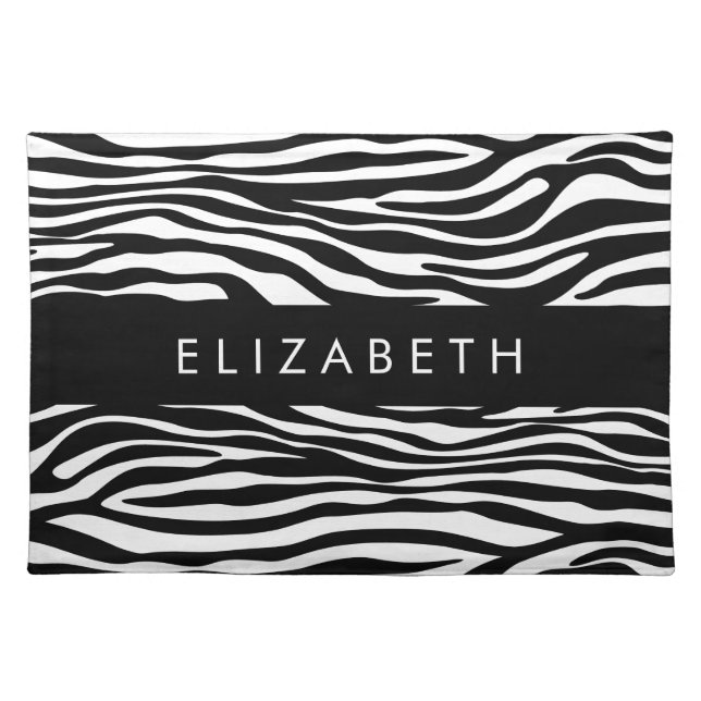 Zebra Print, Stripes, Black And White, Your Name Cloth Placemat (Front)