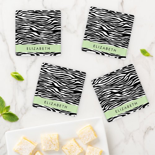 Zebra Print Stripes Black And White Your Name Coaster Set