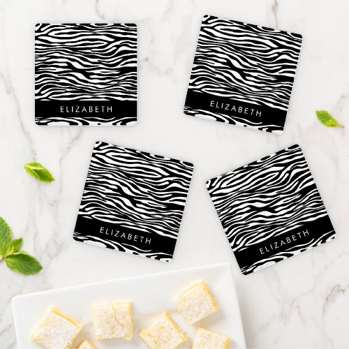 Zebra Print Stripes Black And White Your Name Coaster Set