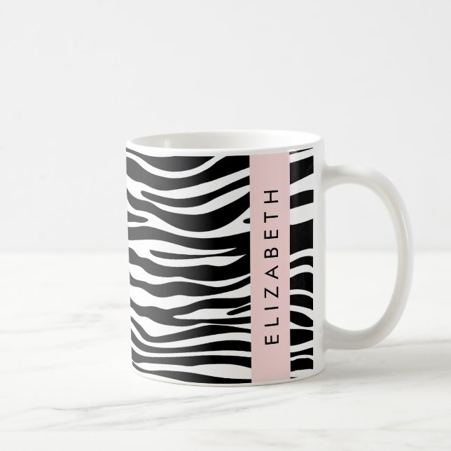 Zebra Print, Stripes, Black And White, Your Name Coffee Mug (Right)