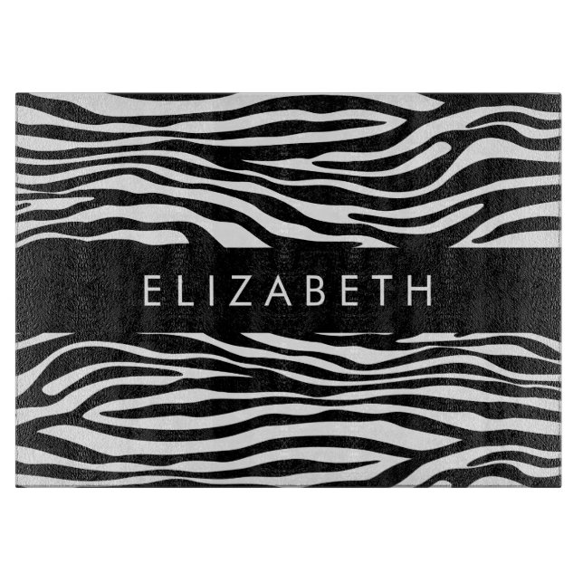 Zebra Print, Stripes, Black And White, Your Name Cutting Board (Front)